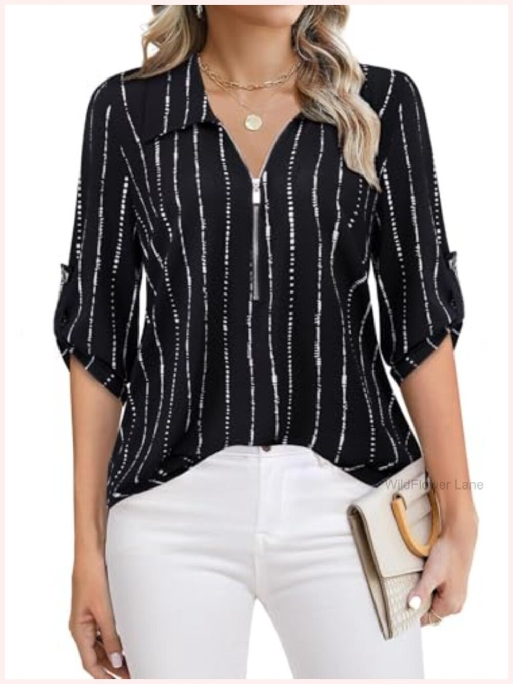 Womens 3/4 Sleeve Tunic Blouse Zipper Roll Up Sleeve Work Top
